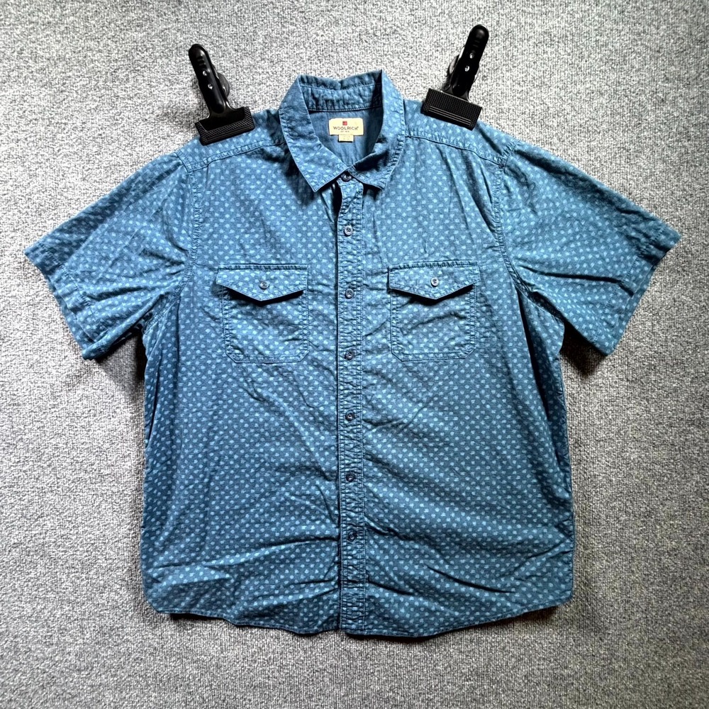 Woolrich Shirt Men's XL Blue 100% Cotton Hash-Mark Print Short Sleeve Button Up
